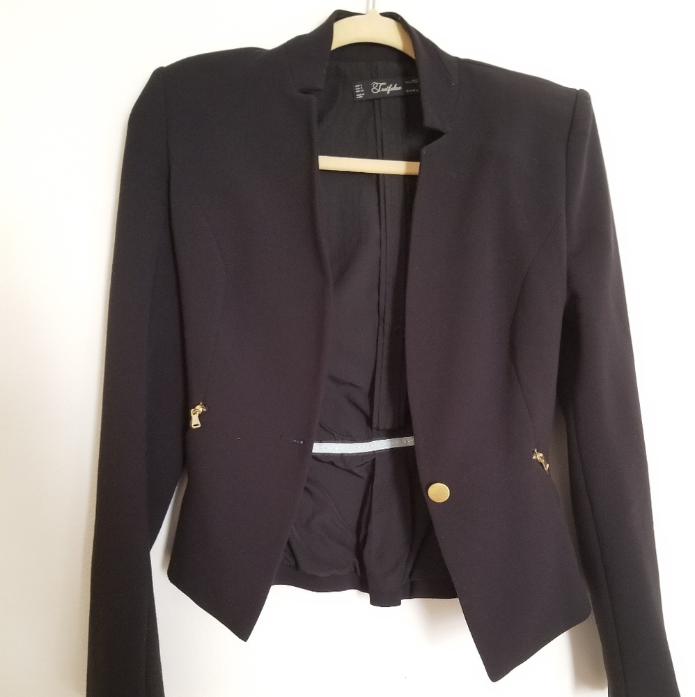 Zara black blazer gold zippers